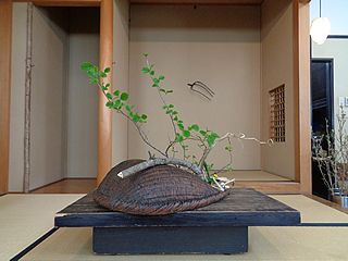 投入作品・古木、万作、蛇苺、紫蘭の芽、茅の葉