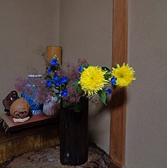 いけばな作品・スモークツリー、ヒマワリ、デルフィニウム